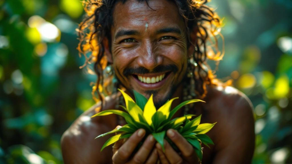 A close-up of a Shipibo shaman, gently holding a handful of vibrant green leaves