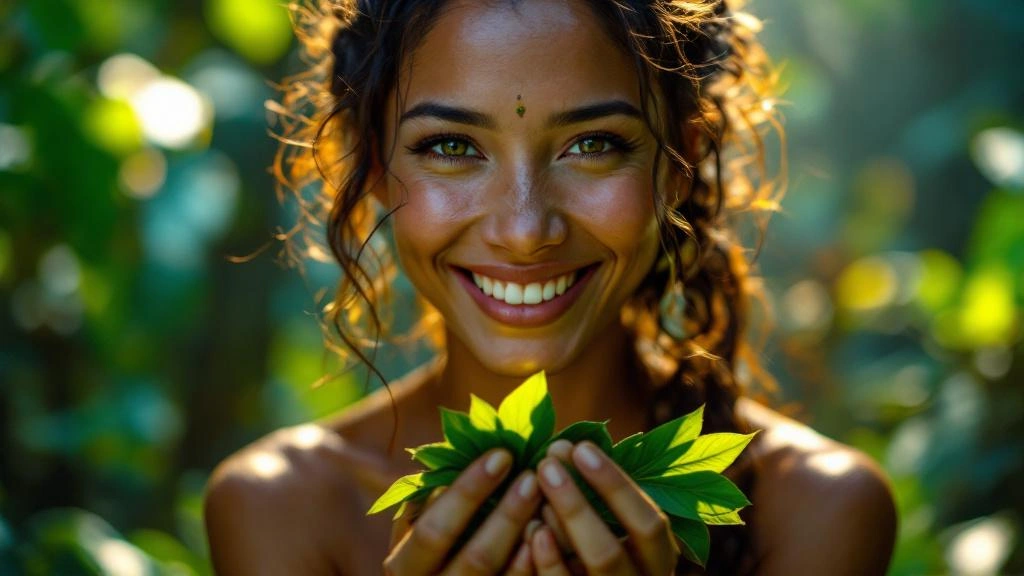 A close-up of a Shipibo shamaness, gently holding a handful of vibrant green leaves