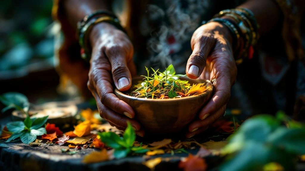 A close-up shot of a Shipibo shaman's hands as they prepare herbal brews